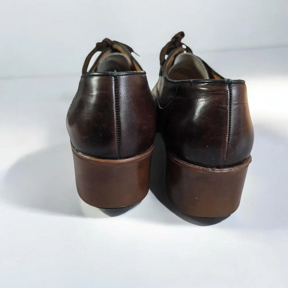 VTG 70s Pellet France Men Shoes 9.5 Brown Leather Lace Up Block Cuban Heel Disco